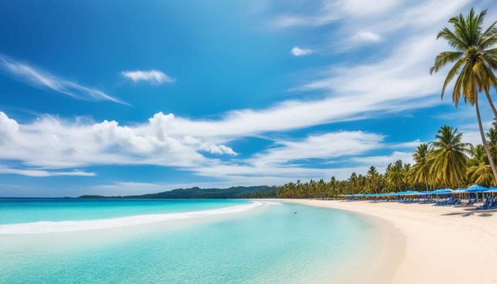 Pristine Alubihod Beach in Guimaras, featuring white sand, clear blue waters, and swaying palm trees under a bright sky.