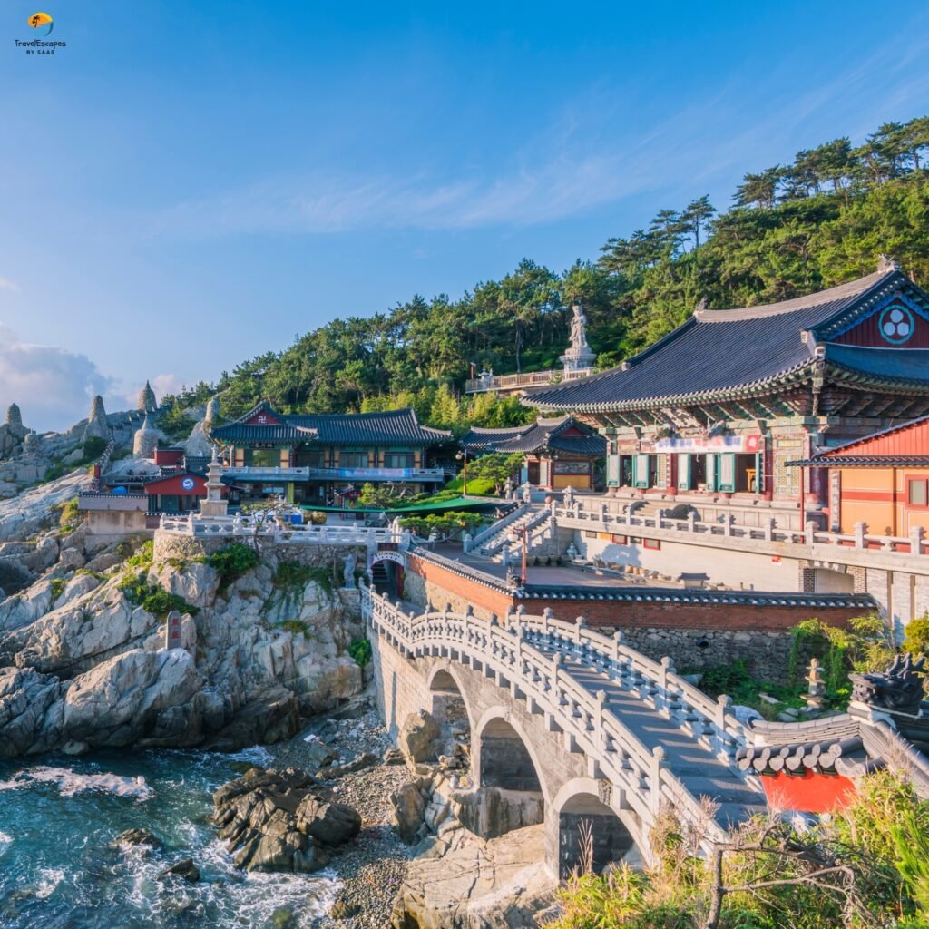 Scenic view of a traditional Korean palace with surrounding lush greenery, highlighting South Korea travel packages.