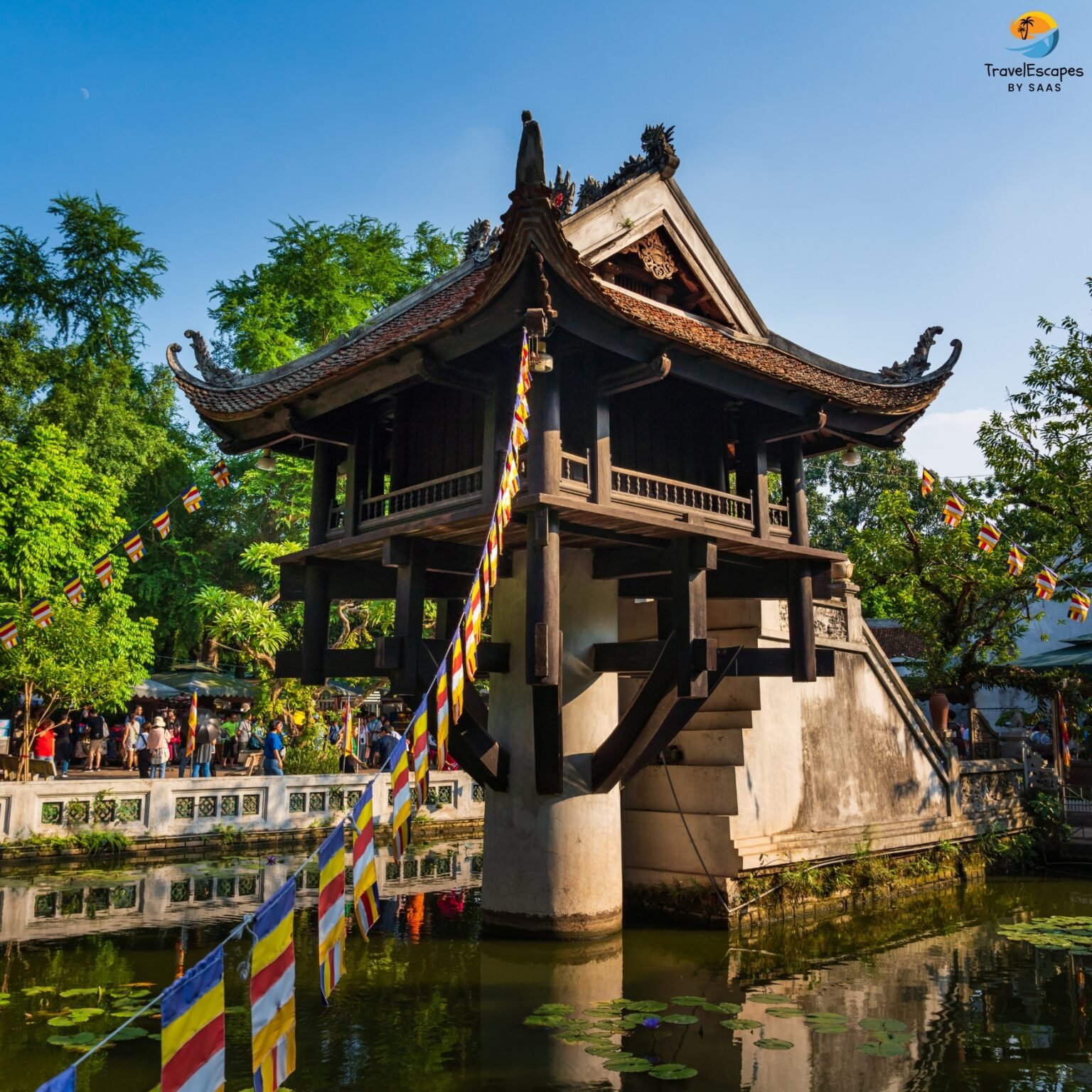 Scenic view of a traditional Vietnamese temple surrounded by lush greenery, promoting Vietnam travel packages.