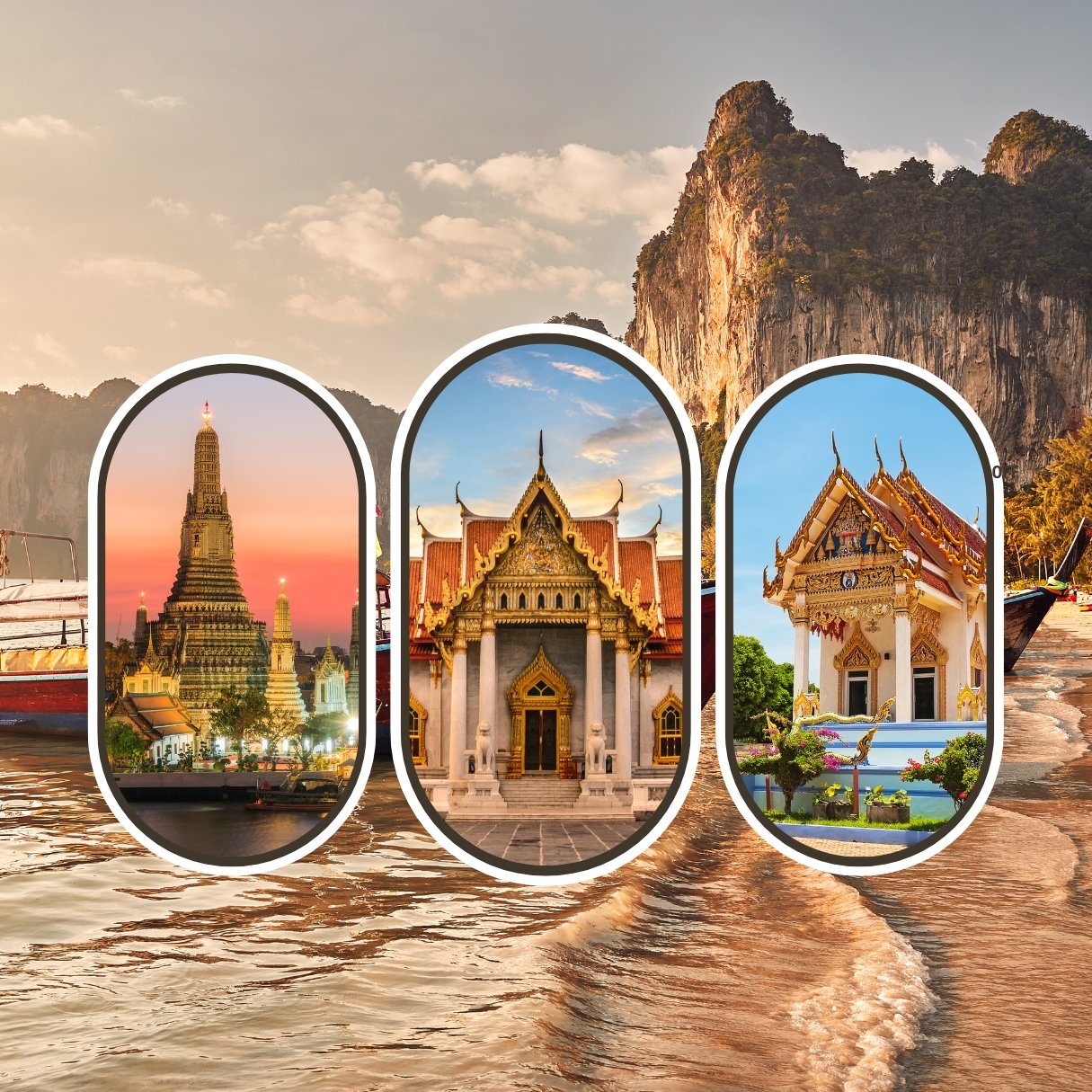 Collage of iconic Thailand landmarks featuring a white and orange modern design.